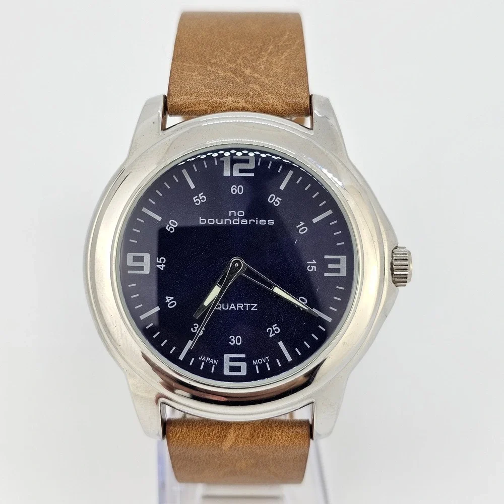 No‎ Boundaries Men's Watch 44MM Purple Dial Brown Leather Bands New Battery